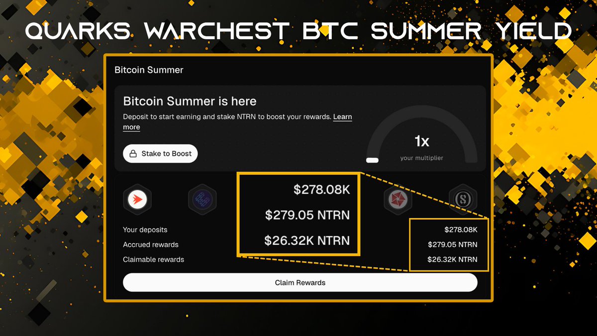 Phase 1 of Neutron's Bitcoin Summer campaign has closed. Epoch 2 has just begun!

The Quarks Warchest has earned over $26K of rewards in Phase 1.

Join the Galactic Quarks today. Available exclusively on <a href="/superbolt_wtf/">Superbolt</a> 🌩️