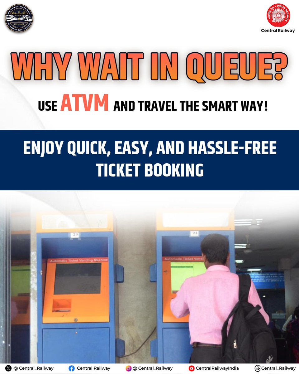 Central_Railway's tweet image. Smarter ticketing for a faster, hassle-free journey. 🚆✨
ATVMs help you get your Unreserved Tickets quickly, easily, and without standing in line.
Enjoy quick and convenient ticketing at every step.

#CentralRailway #ATVM