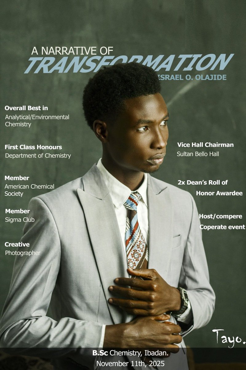 tayodegreat581's tweet image. To the glory of God Almighty, on the 11th of Nov 2025, I officially graduated from the University of Ibadan with a B.Sc in Chemistry (First Class). Served in various leadership positions, explored my skills and built meaningful connections