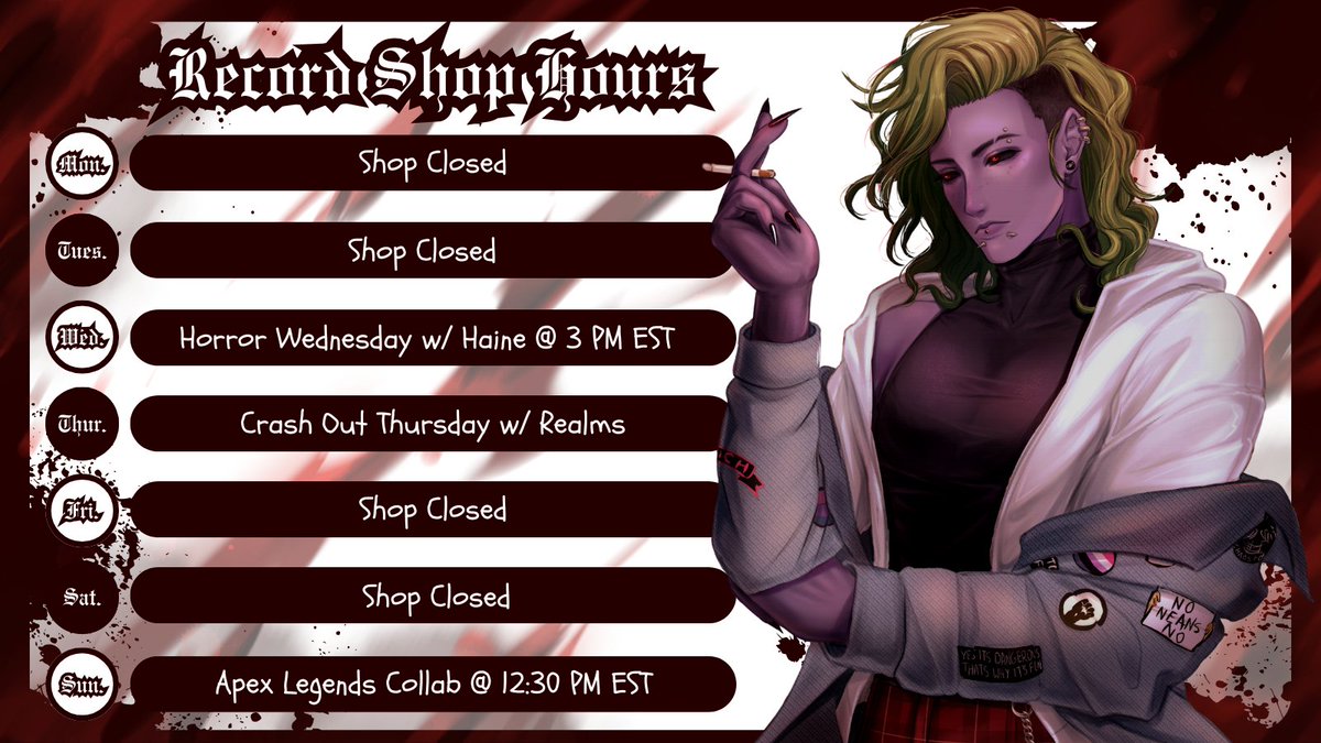 "ᴛʜᴇ ʜᴏᴜʀꜱ ᴀʀᴇ ɴᴏᴡ ᴜᴘ, ᴄᴏᴍᴇ ꜱᴇᴇ ᴡʜᴀᴛ ʜᴏᴜʀꜱ ᴛʜᴇ ꜱʜᴏᴘ ɪꜱ ᴏᴘᴇɴ !"

-

The Menu

- Horror Wednesday w/ @/Haine
- Crash Out Thursday
- Early Sunday Stream

#VTuber | #ENVtuber | #pngtuber