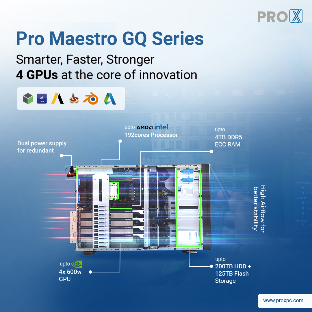 prox_pc's tweet image. Powerful doesn’t have to be big.

Meet the Pro Maestro GQ — a 4-GPU server built for AI training, rendering &amp;amp; simulation workloads.

Optimized for H200, RTX PRO 6000 and more.

Serious compute, zero excess.

👉 zurl.co/1R4a2

#ProXPC #4GPUServer #AIserver #MadeInIndia