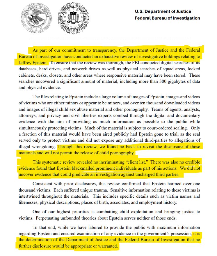 wtpBLUE's tweet image. #Authoritarianism #TrumpEpsteinPedoFiles  #TrumpIsUnfitForOffice   #wtpBLUE   WE THE PEOPLE   wtp2927
 
Remember, on July 7, 2025 that the DOJ &amp;amp; FBI explicitly stated that they could find no evidence that would warrant predicating an investigation or charges against additional…