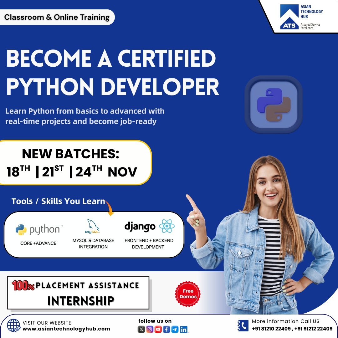 ATS_TechHub's tweet image. 🚀 Become a Certified Python Developer!
Learn Python, MySQL &amp;amp; Django with real-time projects.
New batches: 18th | 21st | 24th Nov

🎯 100% Placement Assistance
🎓 Internship Included

Register 👉 tally.so/r/mREvJQ

📞 81210 22409 | 91212 22409

#Python #PythonDeveloper