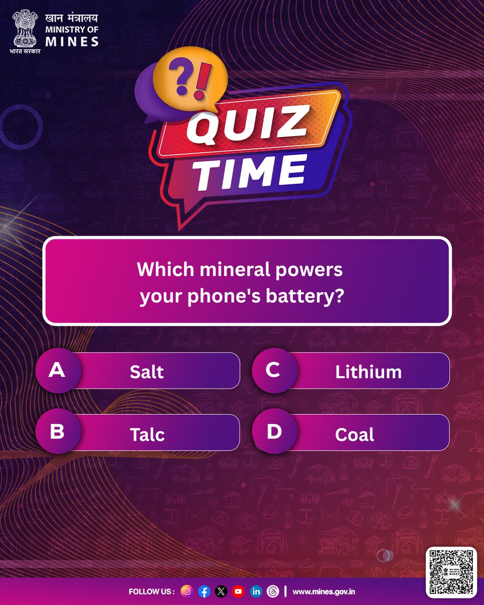 MinesMinIndia's tweet image. We can’t imagine a day without our phones, right?

But do you know which mineral keeps it going and powers your phone’s battery?

Can you guess which one it is?
Drop your answer and the first 3 people to comment will win amazing prizes!

#IITF2025 #IndiaInternationalTradeFair…