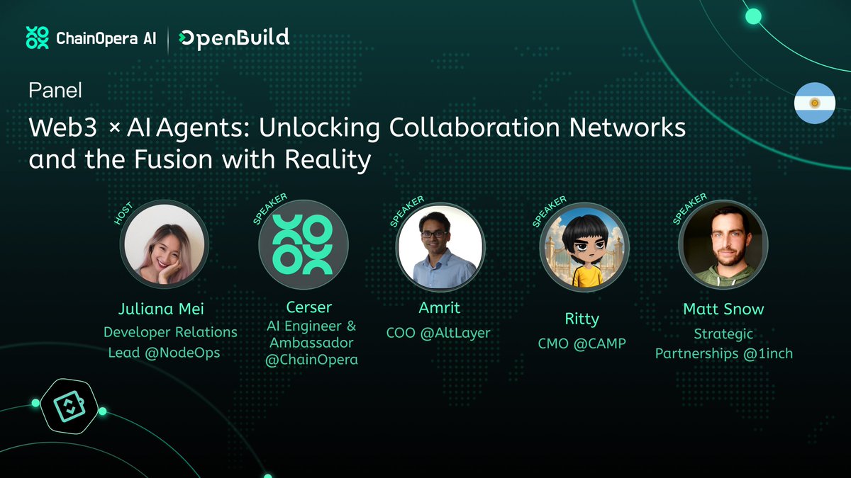 OpenBuildxyz's tweet image. Join us to explore how Web3 and AI Agents converge to enable real-world collaboration networks at @EFDevcon 🇦🇷

Panel: 
Web3 × AI Agents | Unlocking Collaboration Networks &amp;amp; the Fusion with Reality

Register here: luma.com/iin2m6t6

Host:
Juliana Mei @JNodeops, Developer…