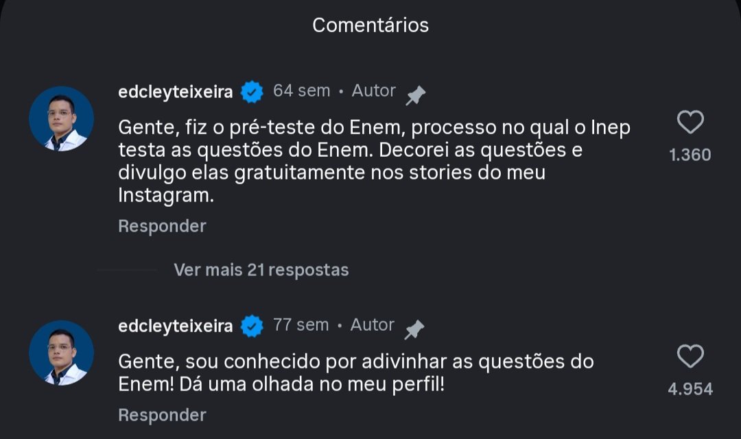 O cara fixa a própria confissão kkkkk… daqui a pouco apaga e o Inep vai fazer a egípcia. A gente estudando horrores pra competir com gente que já tinha o gabarito. Brasil sendo Brasil.

#enem #anulem