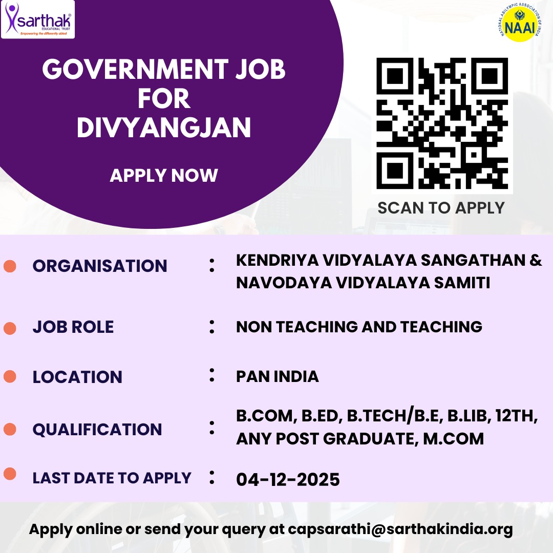 SarthakEducati2's tweet photo. 📢 Government Jobs for Divyangjan | PAN IndiaKVS & NVS are hiring for Teaching & Non-Teaching roles!

Qualification: 12th, https://t.co/OleMyJxVaX, B.Ed, https://t.co/6d3iCZKH9J, B.Lib, https://t.co/3EmxzgE1mi, PG⏳ Apply by: 04 Dec 2025

🔗 Job Details: https://www.rozgarsarathi.orgSarthak Digital Platforms:
🌐 https://t.co/rjQ8WYorKg | https://t.co/TcraYNMBcD | https://t.co/dzz68ciMMZ📞 0124-4447700
📧 capsarathi@sarthakindia.org  
#GovernmentJob #KVS #NVS #JobsForPwD #Divyangjan #GovtJobs #Hiring #RozgarSarathi #SarthakEducationalTrust