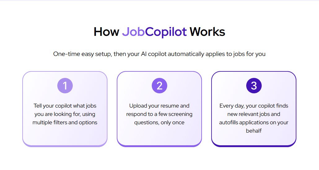 codedailyML's tweet image. Scrolling and re-typing your CV info over and over? No thanks.

JobCopilot automates searches and repetitive forms, so you can focus on interviews, networking, and skill-building.