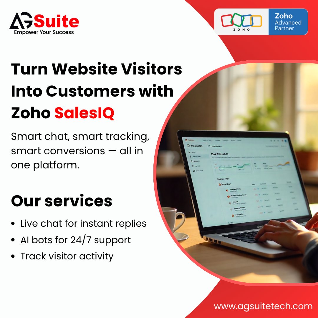 💥 Still Struggling to Turn Website Visitors into Real Customers? 💥

👉 Book your free consultation today: agsuitetech.com/free-consultat…

#ZohoSalesIQ #AIChatbot #SalesAutomation #CustomerEngagement #ZohoOne #BusinessGrowth #DigitalTransformation #LeadGeneration #SalesTech