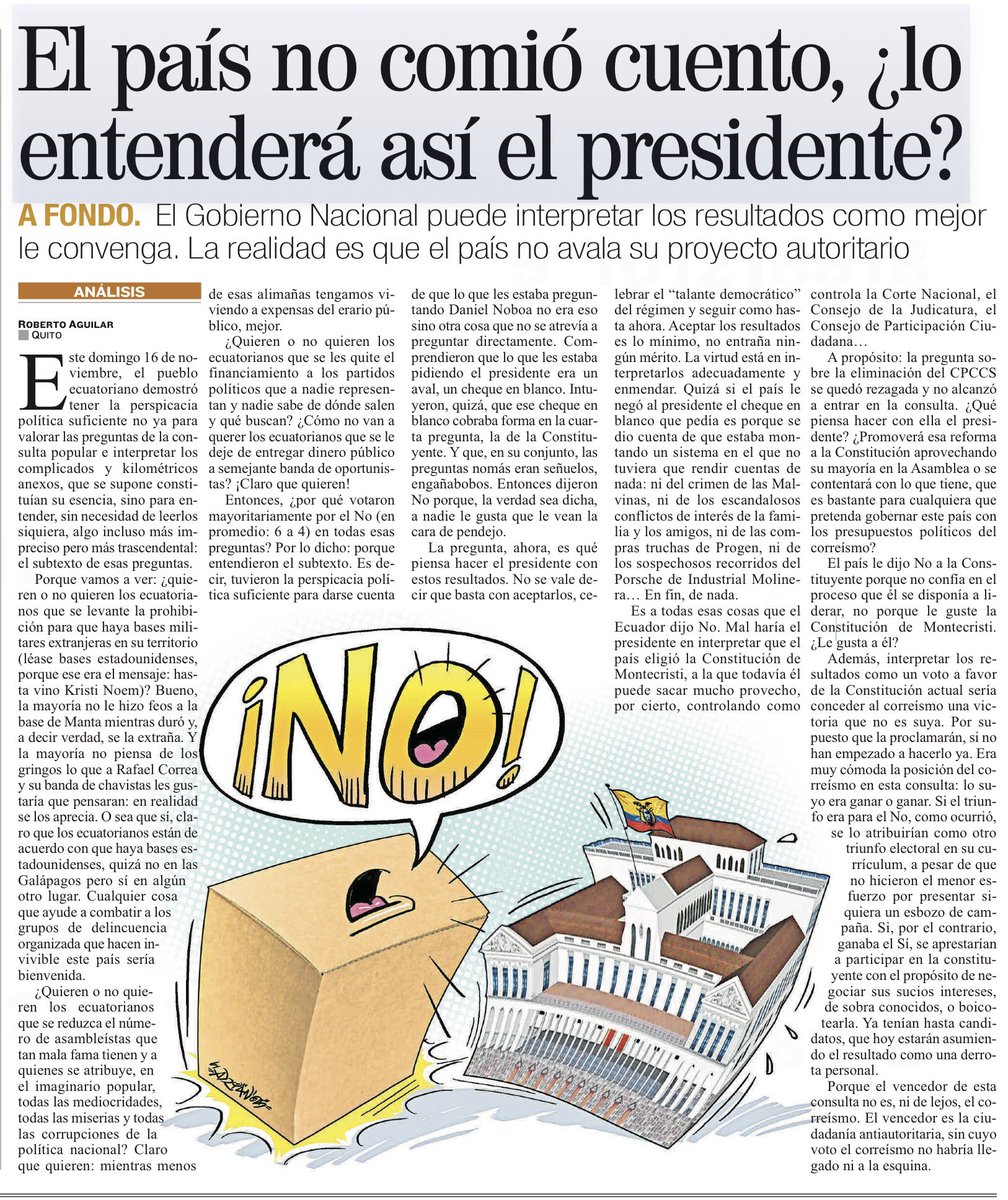 Explica <a href="/raguilarandrade/">Roberto Aguilar</a>:

“Quizá si el país le negó al presidente el cheque en blanco que pedía es porque se dio cuenta de que estaba montando un sistema en el que no tuviera que rendir cuentas de nada: ni del crimen de las Malvinas, ni de los escandalosos conflictos de interés