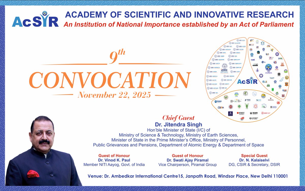 AcSIR 9th Convocation | November 22, 2025
AcSIR announces its 9th Convocation, scheduled for November 22, 2025, at the Dr. Ambedkar International Centre, New Delhi. The occasion will be graced by Dr. Jitendra Singh, Hon’ble Minister of Science &amp; Technology, along with Dr. V. K.