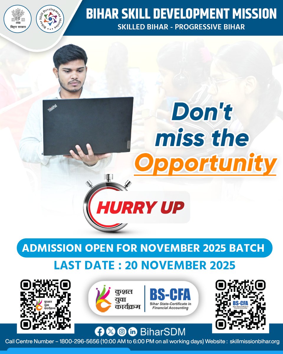LRMWWDBihar's tweet photo. Admission Open for November 2025 Batch! Join the Kushal Yuva Program (KYP) and start your journey toward becoming a tech professional. Build tomorrow’s tech solutions today — learn, grow, and succeed with us!
@IPRDBihar
#KushalYuvaProgram #SkillMissionBihar #AdmissionsOpen https://t.co/n6bzCeZxKW