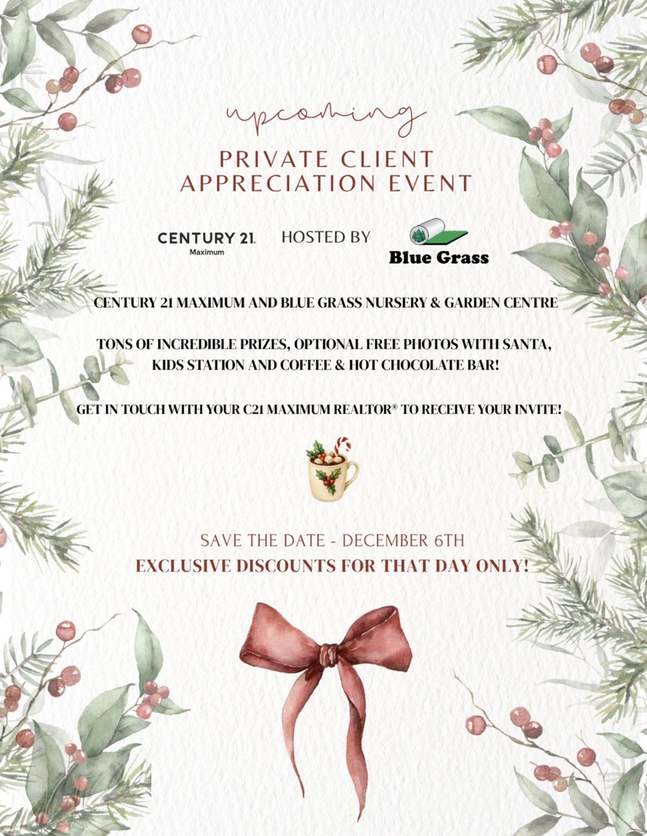 MelDelaronde's tweet image. Save The Date…🗓️

We’re excited to host our Century 21 Maximum Christmas Client Appreciation Event 🎄🎁

Clients make sure to watch your inbox this week for your formal invite. 💌

#clientappreciation #century21maximum #mostwonderfultimeoftheyear