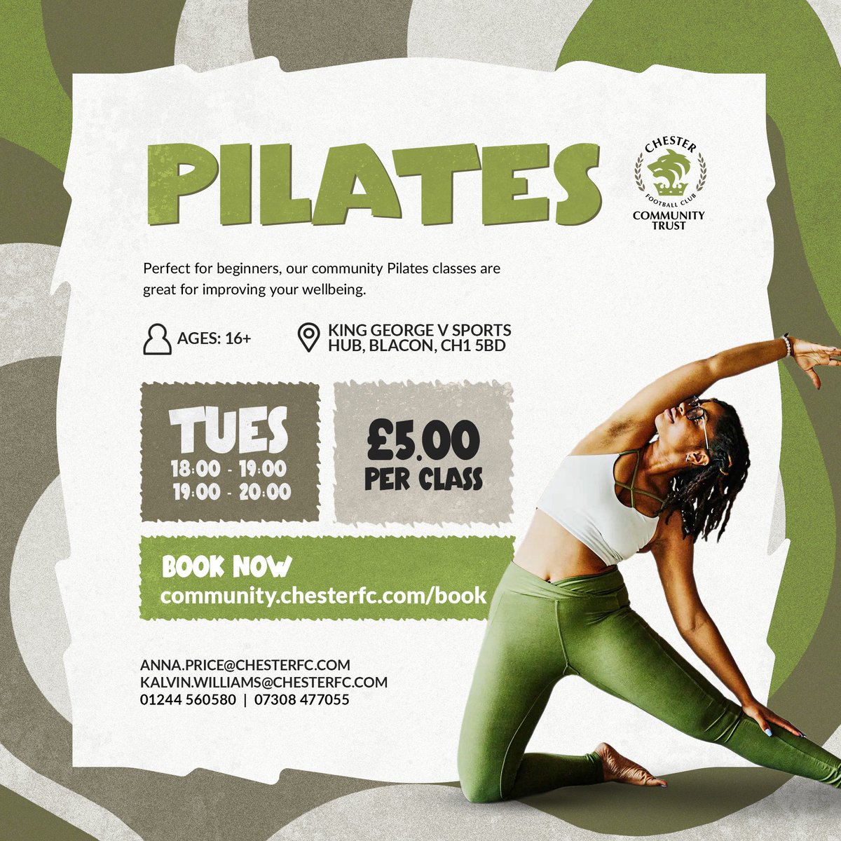 CFC_CommTrust's tweet image. 🧘‍♀️ Join our weekly Pilates classes at Chester FC Community Trust and feel better!

✅ Build core strength
✅ Improve flexibility
✅ Relieve stress

Classes are held on Tuesdays at 6pm and 7pm and open to all abilities - no experience needed!

📱 Book online through the link in…
