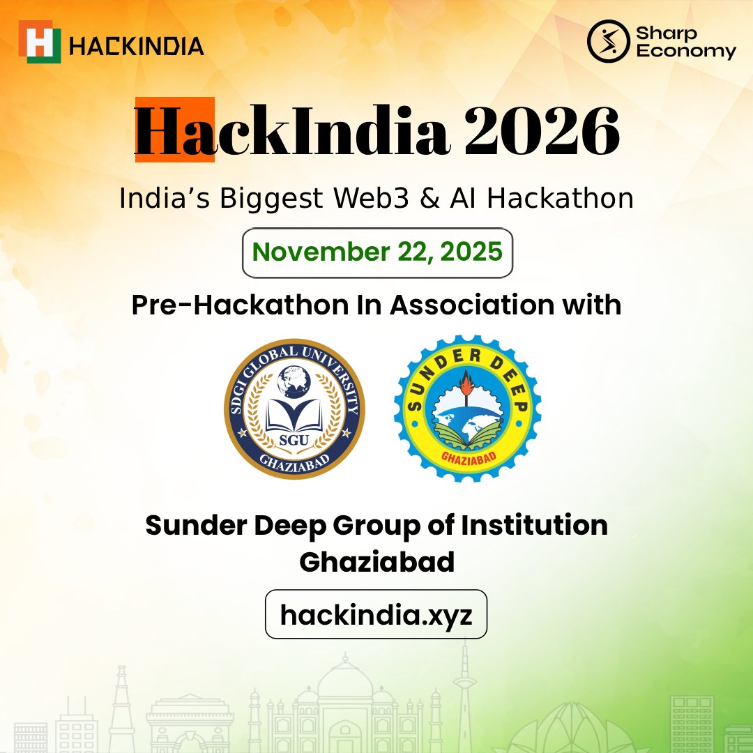 HackIndiaXYZ's tweet image. India’s biggest Web3 &amp;amp; AI wave kicks off on 𝐍𝐨𝐯 𝟐𝟐, 𝟐𝟎𝟐𝟓 🌊

#HackIndia2026 Pre-Hackathon at 𝐒𝐮𝐧𝐝𝐞𝐫 𝐃𝐞𝐞𝐩 𝐆𝐫𝐨𝐮𝐩, 𝐆𝐡𝐚𝐳𝐢𝐚𝐛𝐚𝐝.

Talent. Innovation. Real builders.

This is how the next generation of tech starts.

#HackIndia #HackIndia26 #Hackathon