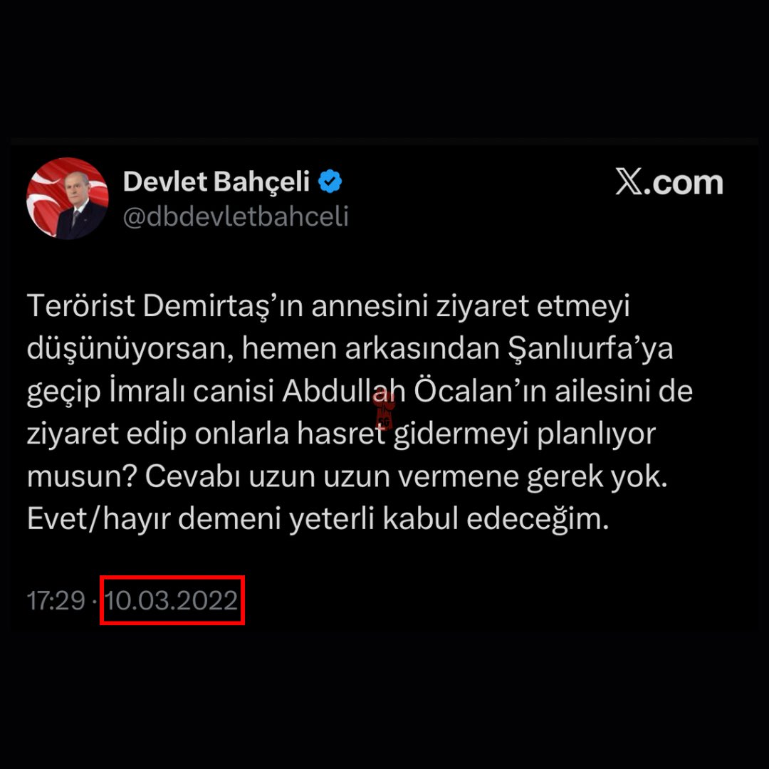 “İmralı’ya gideceğini” söyleyen Devlet Bahçeli’nin, 2022’de Kılıçdaroğlu’nu hedef alarak attığı tweet:

“İmralı canisi Abdullah Öcalan’ın ailesini de ziyaret edip onlarla hasret gidermeyi planlıyor musun?”