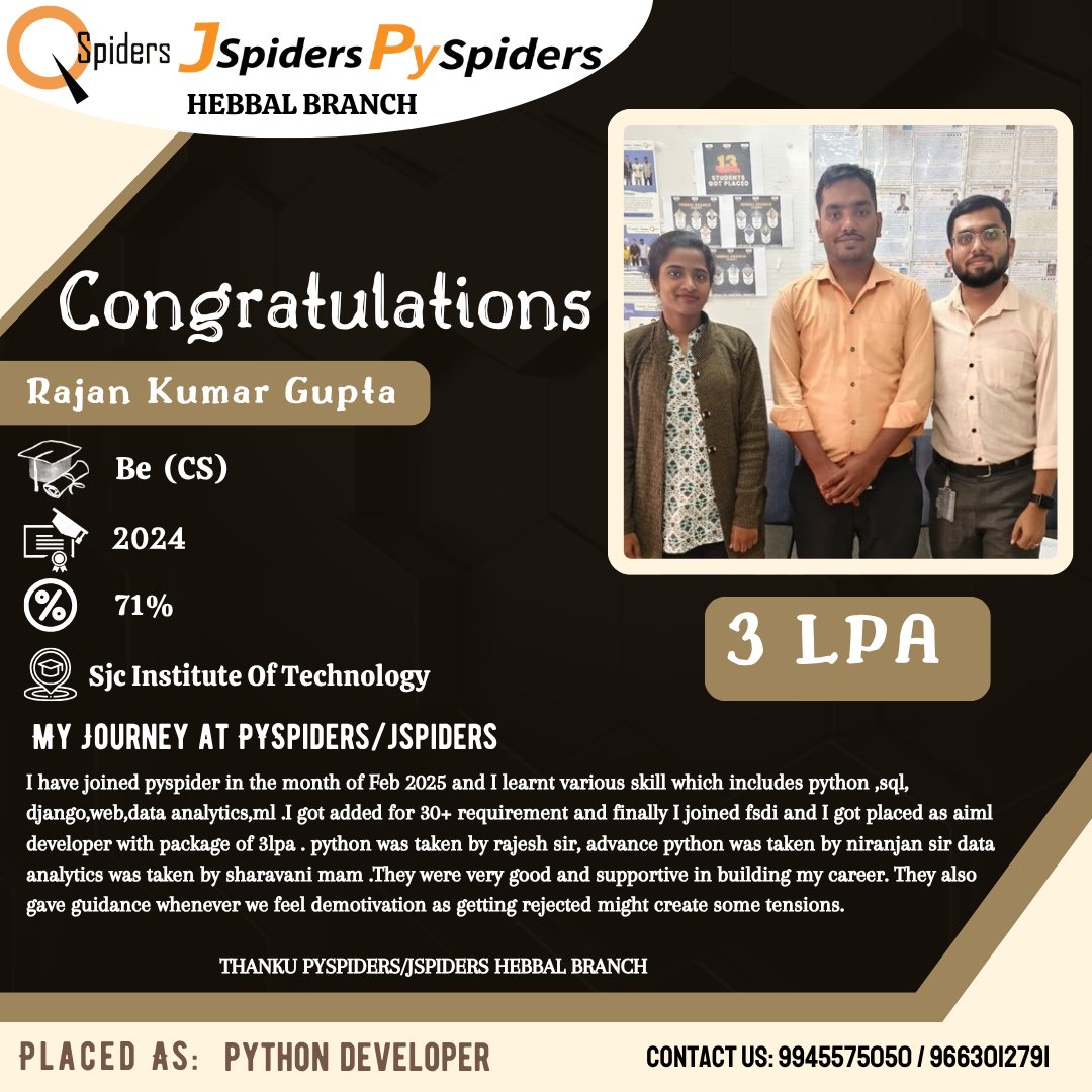 QspidersHebbal's tweet image. 🎉 Huge Congratulations to Rajan Kumar Gupta! 🎉
Crushing it as a Python Developer with pure dedication and skill! 🐍💻
Y#2024Achievements #SuccessStory #JSpiders #PySpiders #HebbalBranch