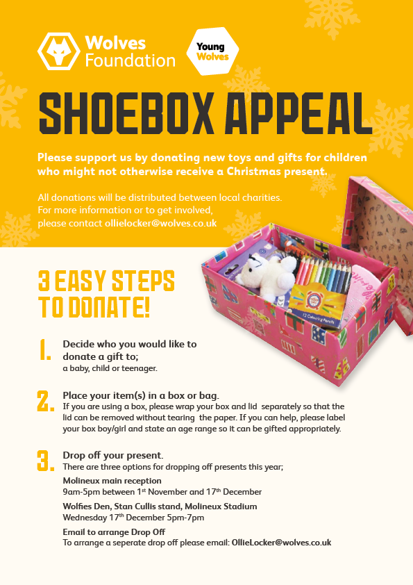 Young_Wolves's tweet image. 🎁💛 The @wwfcfoundation Shoebox Appeal is back!

Fill a shoebox, drop it at Molineux, and help brighten someone’s winter.

Your kindness makes a big difference. 🐺💛

#WolvesFoundation #ShoeboxAppeal