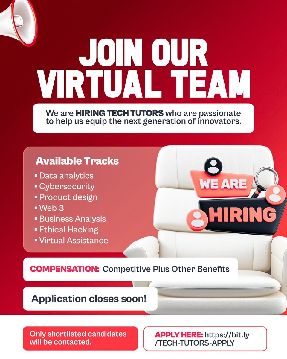 McOptimistic01's tweet photo. Hiring Remote Tech Tutors across the following tracks:

Data Analytics 
Cybersecurity 
Product Design 
Web 3
Business Analytics
Ethical Hacking 
Virtual Assistance

Apply via: https://t.co/dP5ta1oalU…

Application Closes: 20th November 2025 https://t.co/EH3wwYt3xO