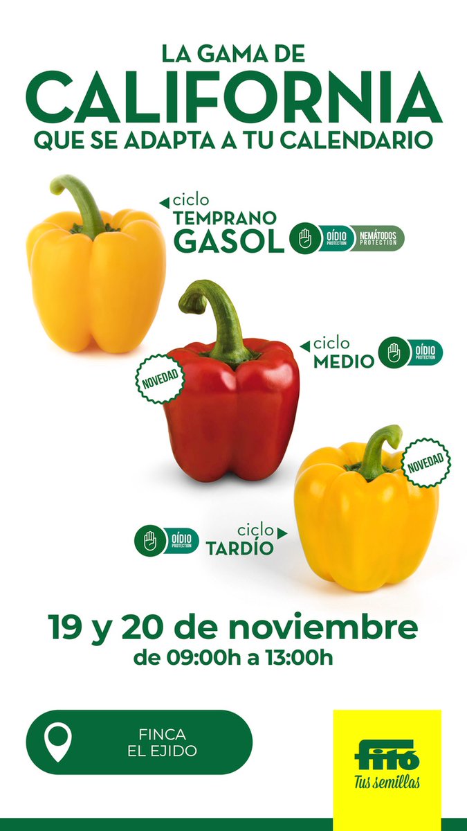 FHALMERIA's tweet image. 🔊@SemillasFito te invita esta semana a conocer su renovado catálogo de #pimiento California 🫑, cubriendo todos los ciclos 🗓️ y con opciones en rojo 🔴 y amarillo 🟡

🖊️¡Apunta y comparte!

📍El Ejido: maps.app.goo.gl/1o6zHBVa3MfsQN…