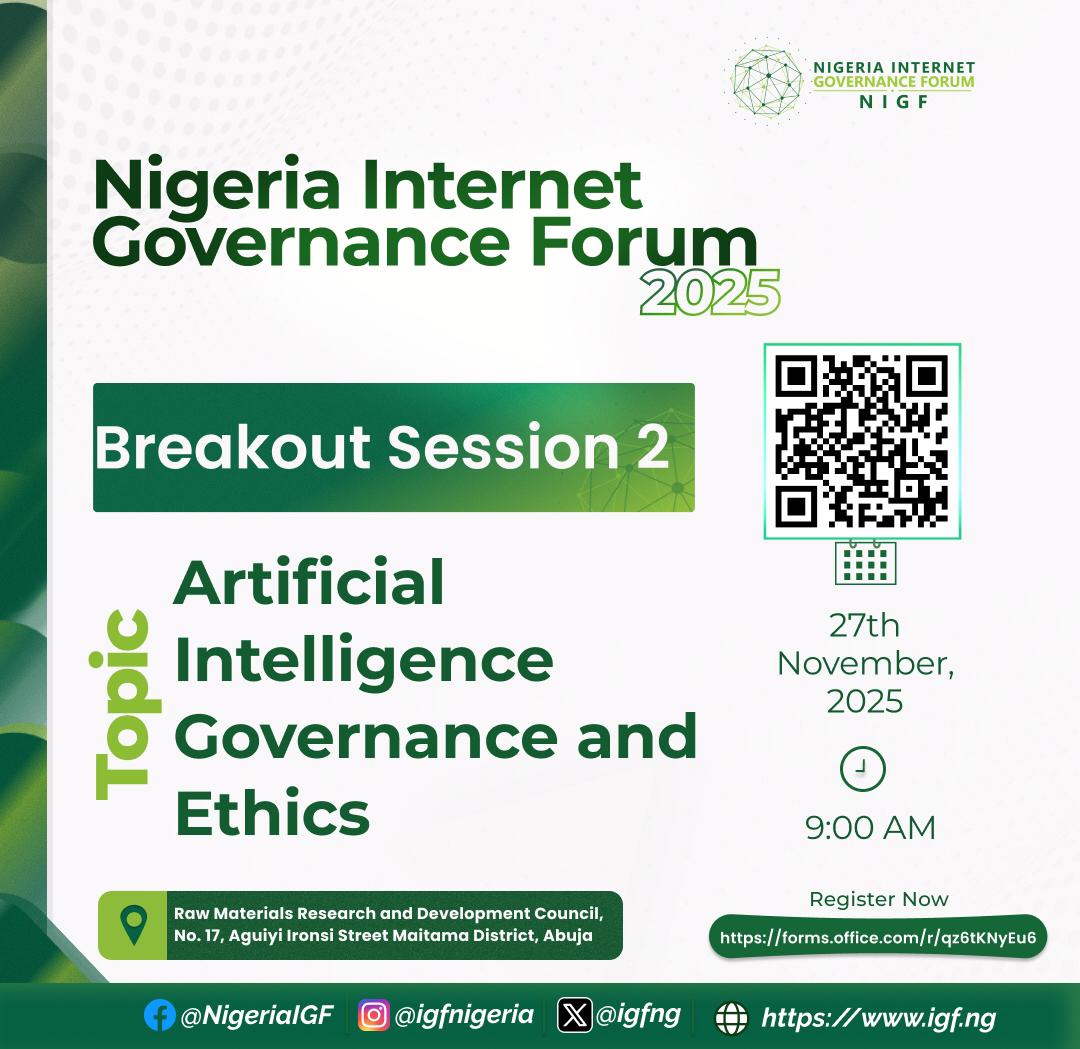 Join Breakout Session 2: Artificial Intelligence Governance and Ethics as we discuss the responsible development, deployment, and oversight of AI systems in Nigeria.

Register here: forms.office.com/r/qz6tKNyEu6

More details: igf.ng

#NIGF2025 #DigitalGovernance