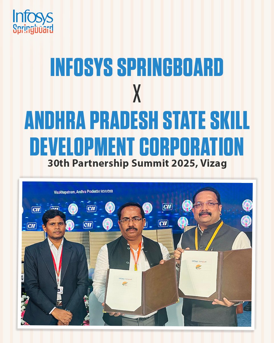InfySpringboard's tweet image. Honored to be part of the MoU Exchange Ceremony at the 30th Partnership Summit 2025.

Through our integration with the Naipunyam portal, we’re strengthening our commitment to building a future-ready, digitally skilled workforce across Andhra Pradesh.

#InfosysSpringboard