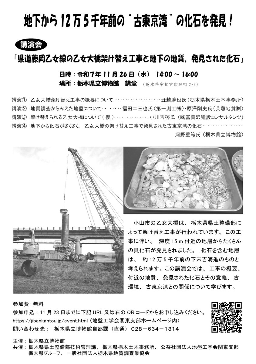 【乙女大橋工事から発見された化石　講演会の開催】
橋梁工事（小山市内）からたくさんの貝化石が発見されました。#化石 からわかる当時の環境について講演会を実施します。どなたでも無料で参加できます。
R7.11.26(水)14時～16時　栃木県立博物館講堂
■申し込みjibankantou.jp/event.html
#乙女大橋
