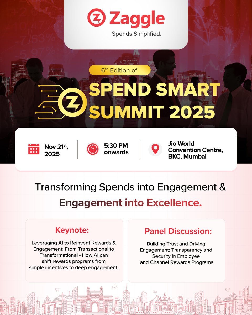 zaggleapp's tweet image. HR and Marketing leaders in Mumbai, discover how AI is shaping rewards, #engagement, and #transparency at the 6th #Spend Smart Summit 2025. 21 Nov, 5:30 PM. 
Register now: zaggle.in/events

#Zaggle #Fintech #SaaS #Spendsmartsummit