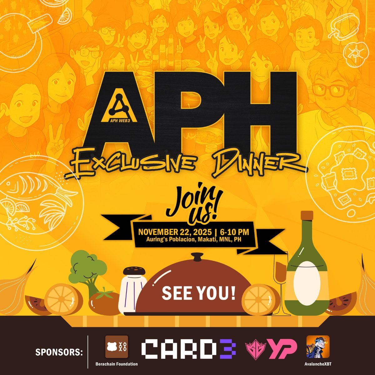 aphweb3's tweet image. The APH fam is coming together again this year! 💛

Join us for a night of food, stories, and Web3 conversations this Nov 22 at Auring’s Poblacion!

Huge thanks to our sponsors (@berachain, @card3_ai, @GamingGridx &amp;amp; @AvalancheXBT) 🙌

Exclusive for APH members only!🫣