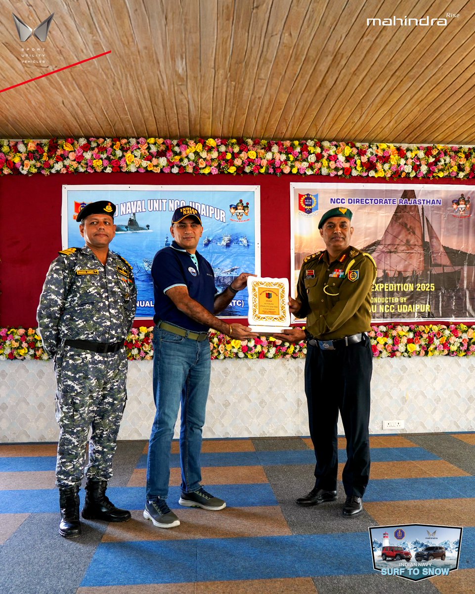 Mahindra_Thar's tweet photo. Powered by Mahindra, The Indian Navy’s Western Naval Command Outreach Team reached Udaipur on the 16th of November. On their first outreach program here, they inspired 500 cadets with the possibilities of a career in naval service.

[Mahindra, Indian Navy, Surf to Snow , Outreach initiative, Mumbai to Shimla drive, Youth engagement, Armed forces outreach , Civilian connect]