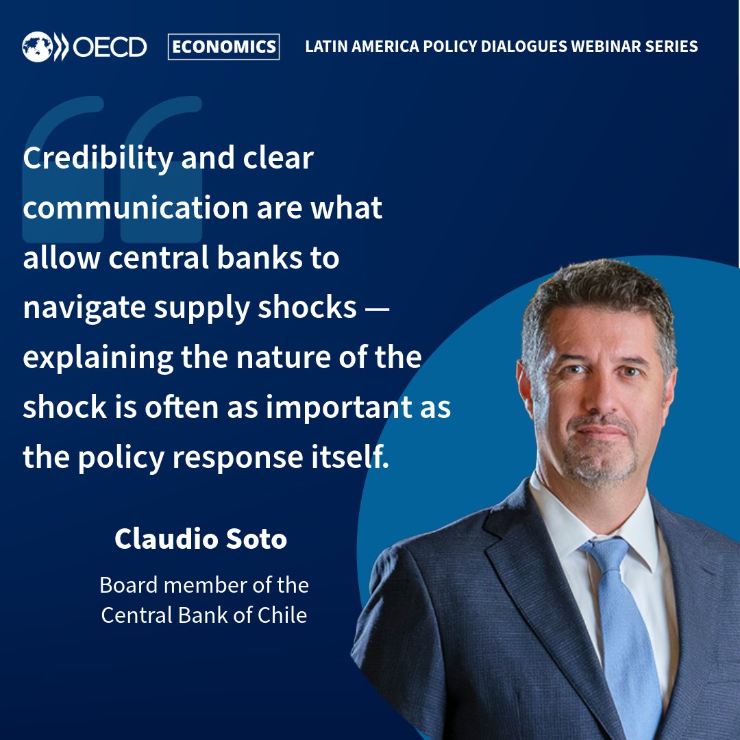 OECDeconomy's tweet image. How should central banks respond to supply shocks?
Claudio Soto (@bcentralchile) highlights that credibility &amp;amp; clear communication are crucial — explaining the shock matters as much as the response.
🇨🇱 Insight from our 12 Nov #LatinAmerica dialogue
Watch 🔗oe.cd/Eco-LAC