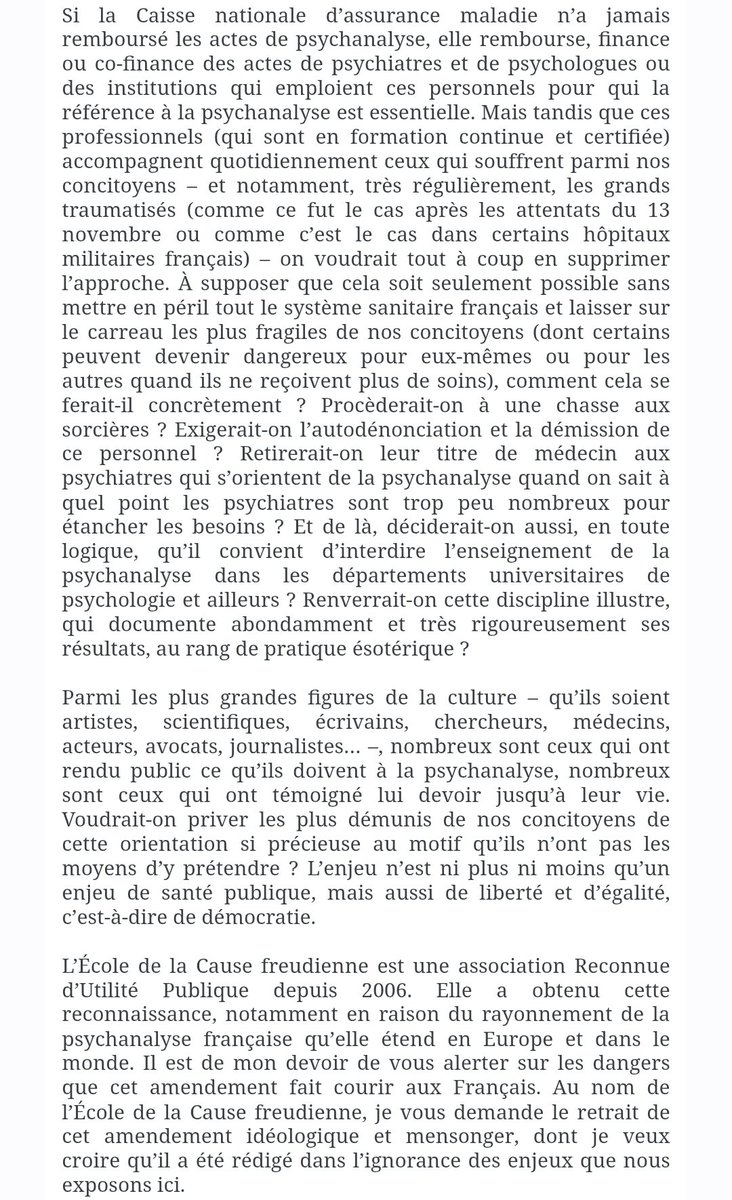 ECF_AMP's tweet image. 📣Lettre d'Anaëlle Lebovits-Quenehen, présidente de l'ECF, aux Députés et Sénateurs.

"Sans qu’aucun argument ne vienne le justifier, cet amendement sortirait la psychanalyse du champ de la santé mentale publique où elle est installée et où elle continue de faire ses preuves."