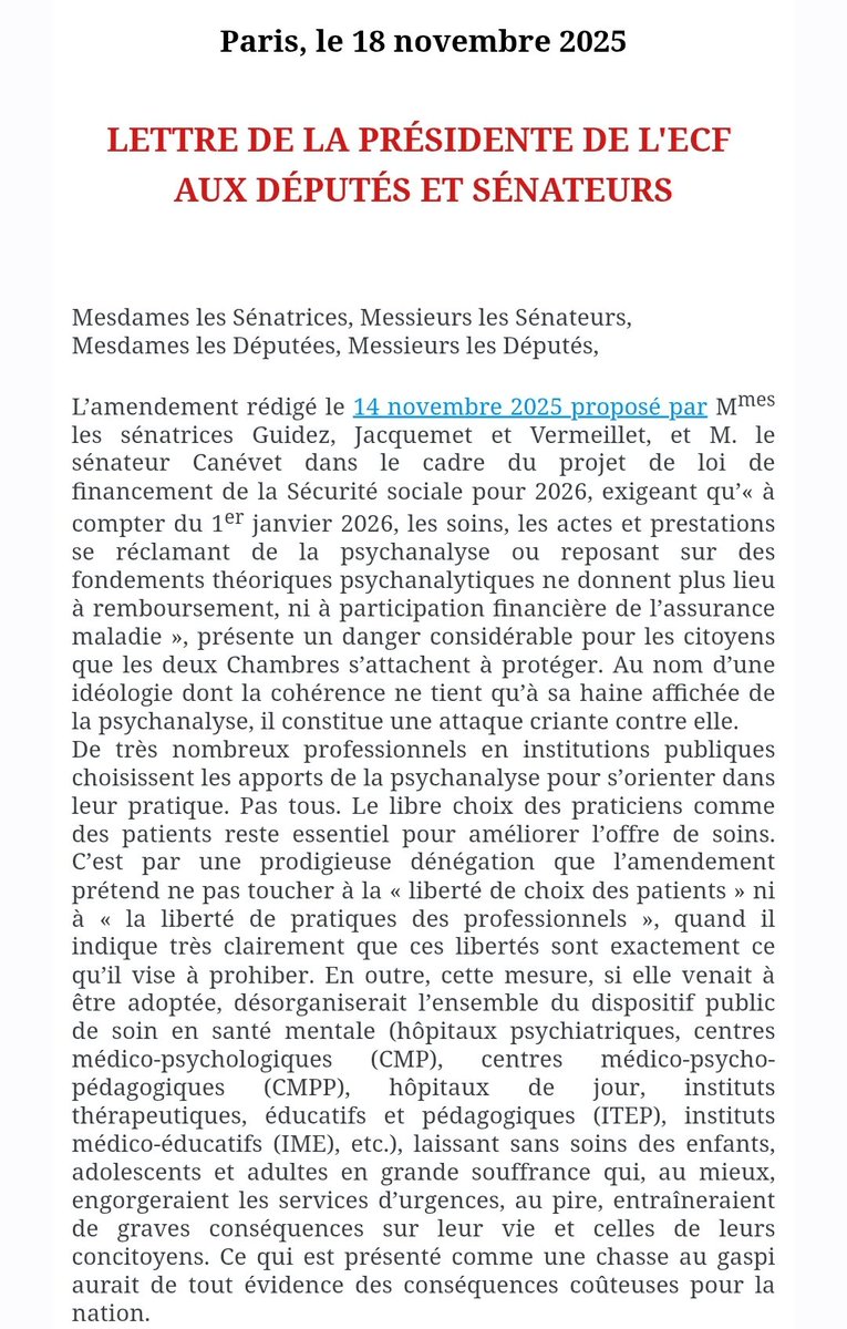 ECF_AMP's tweet image. 📣Lettre d'Anaëlle Lebovits-Quenehen, présidente de l'ECF, aux Députés et Sénateurs.

"Sans qu’aucun argument ne vienne le justifier, cet amendement sortirait la psychanalyse du champ de la santé mentale publique où elle est installée et où elle continue de faire ses preuves."