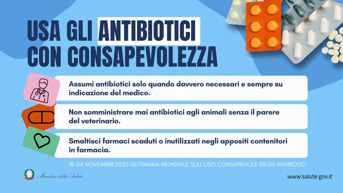 MinisteroSalute's tweet image. 💊 18-24 novembre #WorldAMRAwarenessWeek

L’uso scorretto degli #antibiotici riduce la loro efficacia e favorisce la diffusione di batteri resistenti alle cure.
Comportamenti responsabili sono fondamentali per proteggere la salute di tutti 🐾♻️ 👱‍♂️

Leggi: salute.gov.it/new/it/news-e-…