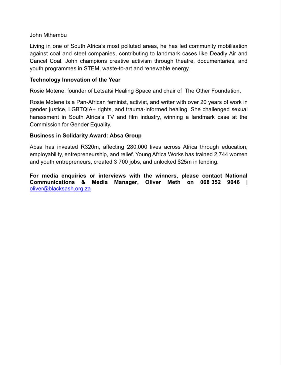 Black Sash has proudly celebrated its 70th anniversary with a gala dinner, which saw the announcement of the winners of its inaugural Human Rights Awards held at the Norval Foundation, the event brought together South Africa’s leading lights in social justice, politics, and civil