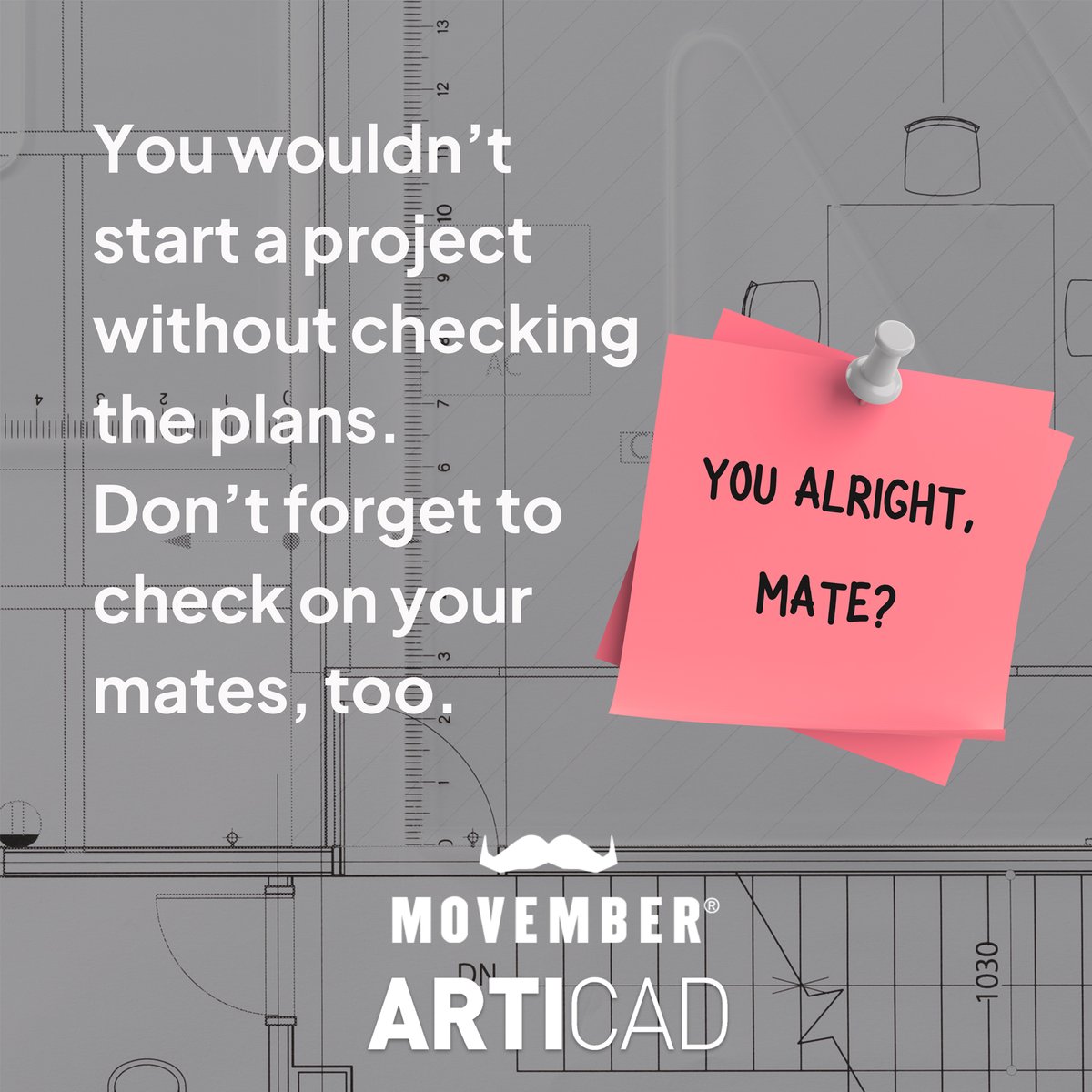 ArtiCADDesign's tweet image. Globally, we lose a man to suicide every minute. This #Movember, we’re standing with men in our industry who face silent battles.
A quick message, a coffee, a chat - it can make a difference 💬 

Support here: zurl.co/LiH7J 

#ArtiCAD #Movember #CheckYourMates
