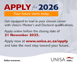 SASCHOOLSPORTS's tweet image. Deadline Alert! Apply for a Master&apos;s or Doctoral qualification by the 21 November 2025.
@unisa