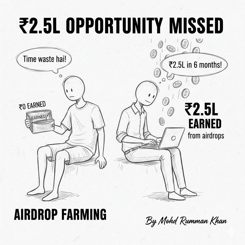 MohdRummanKhan1's tweet image. &quot;Ignored airdrops for 6 months. &quot;Time waste hai sab.&quot; Friend farmed airdrops doing simple tasks. He made ₹2.5L. I made ₹0.

Airdrop opportunity miss karne ka regret&quot;🧵👇

#LearnKaroCryptoKaro #Airdrops