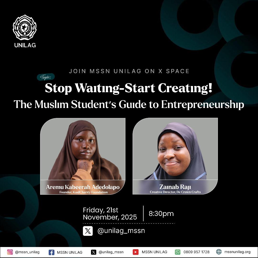 unilag_mssn's tweet image. Not every student is a Triangle Student. From class to library to hostel🤚🏼😭

Some are Entrepreneurs, Founders and Builders. 

Our SPEAKERS have led and built amazing foundations, even as students. 

Set a REMINDER for the session NOW: x.com/i/spaces/1OwxW…

©️ MSSN UNILAG