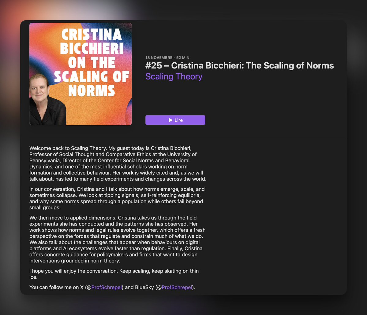 ProfSchrepel's tweet image. Cristina Bicchieri (@CBicchieri/@Penn/@penn_csnbd) joins me on #scalingtheory to unpack how norms emerge, scale, and sometimes break down. Fascinating! New episode out now.