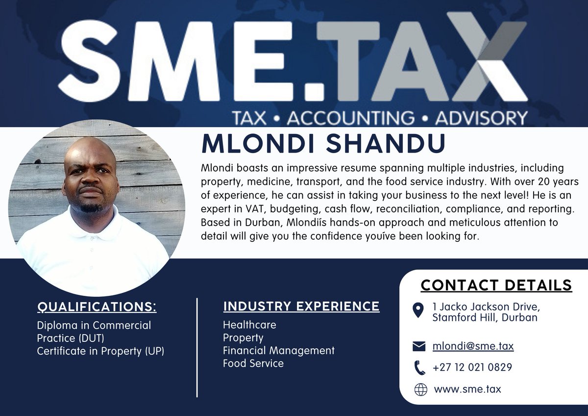 Behind every thriving business is someone who keeps the finances in order. That is where Mlondi Shandu from SME.TAX steps in.
We combine the strength of a national network with the personal touch of a local accountant. From payroll and compliance to tax planning