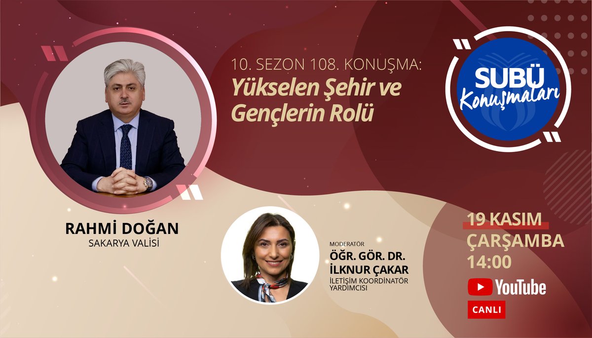 #SUBÜKonuşmaları kapsamındaki dersimizin 108. söyleşisi

📌 Yükselen Şehir ve Gençlerin Rolü
🗣️ <a href="/dogan_rahmi/">Rahmi Doğan</a>
🎙️ <a href="/ilknurcakar/">İlknur ÇAKAR</a>
🗓️ 19 Kasım Çarşamba - 14.00
📡 youtube.com/c/SUB%C3%9CHab…