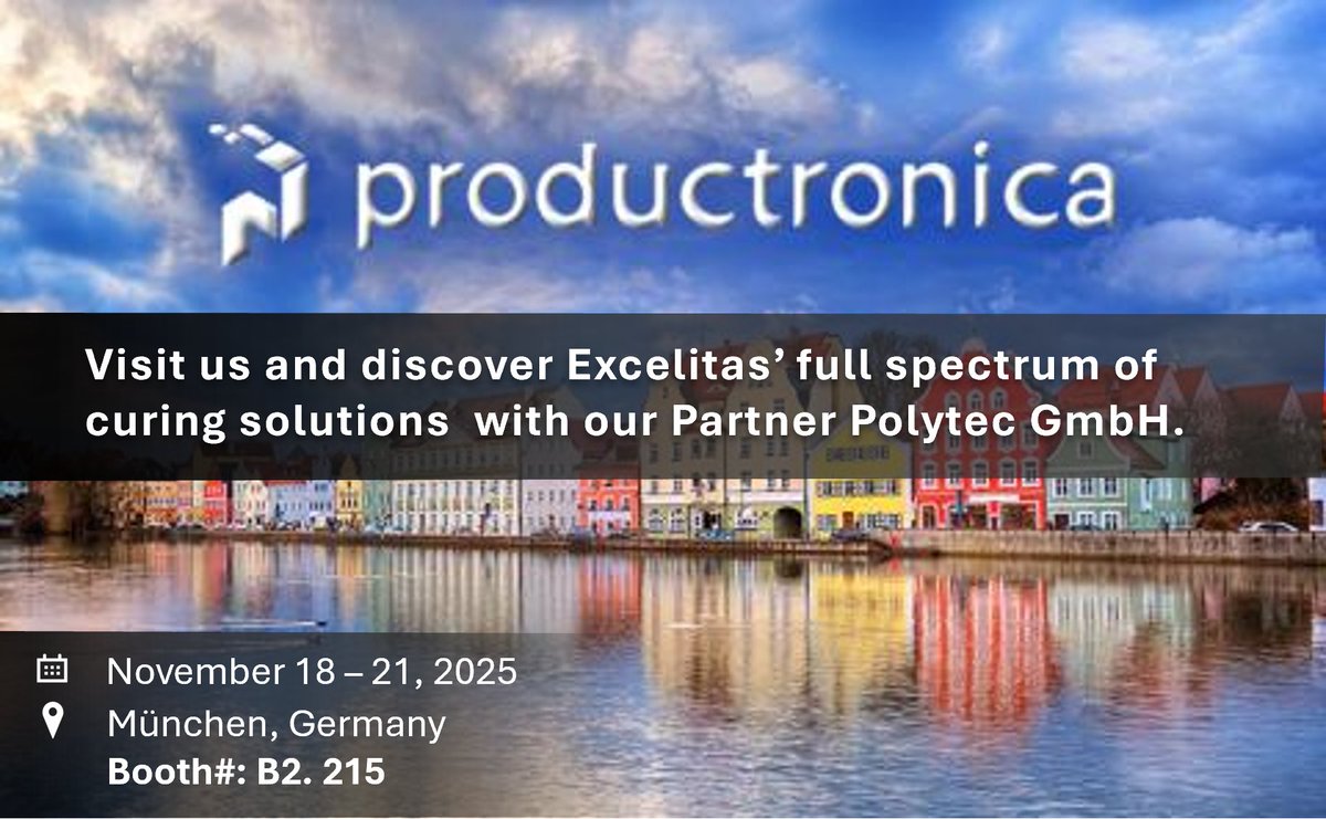 Excelitas's tweet image. #Productronica 2025 kicks off today! 

Visit our partner POLYTEC GmbH at Booth #B2.215 through Nov. 21 to explore #Excelitas’ full spectrum of curing solutions, from UV to IR, including our latest #OmniCure, #Phoseon &amp;amp; #Noblelight solutions. ow.ly/x3x250XteqZ