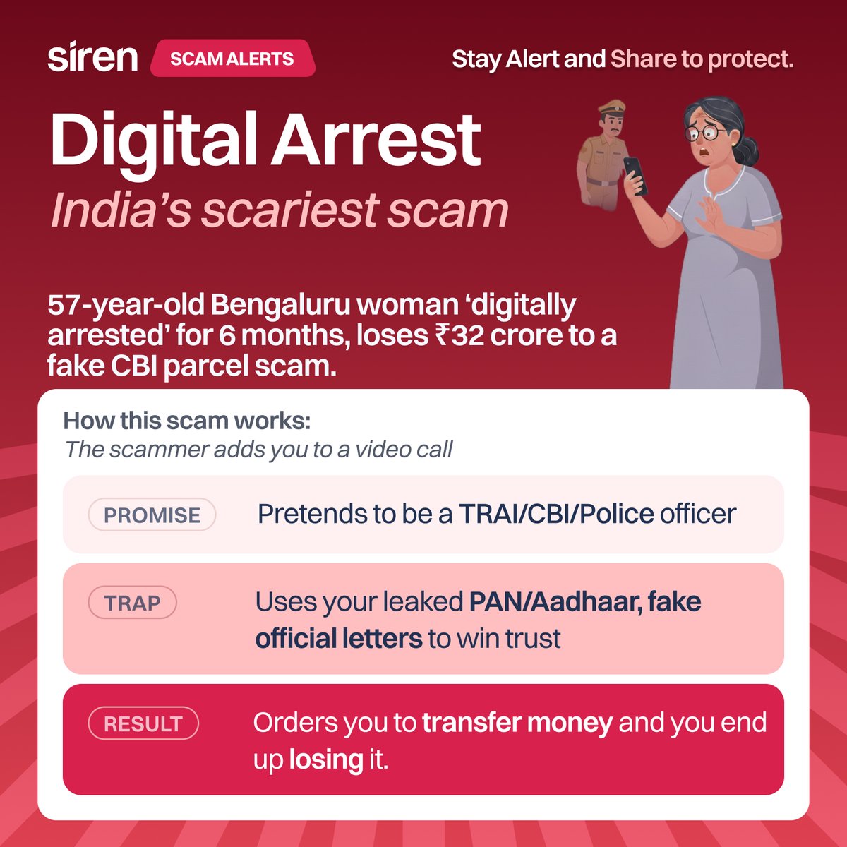 🚨Siren Scam Alert 
India’s digital arrest scam weaponizes fear, victims think they’re under investigation, then lose their savings trying to prove innocence  
Rule: Real officials NEVER video call or ask you to share your screen. Check your data exposure: joinsiren.com