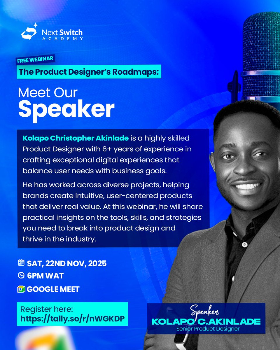 nextswitch_'s tweet image. You’ve been asking for guidance on where to start in Product Design… so we brought you someone who actually knows the path.

Meet our speaker, he&apos;ll be sharing the real roadmap; tools, skills &amp;amp; mindset, in our upcoming webinar.
Register here→ tally.so/r/nWGKDP