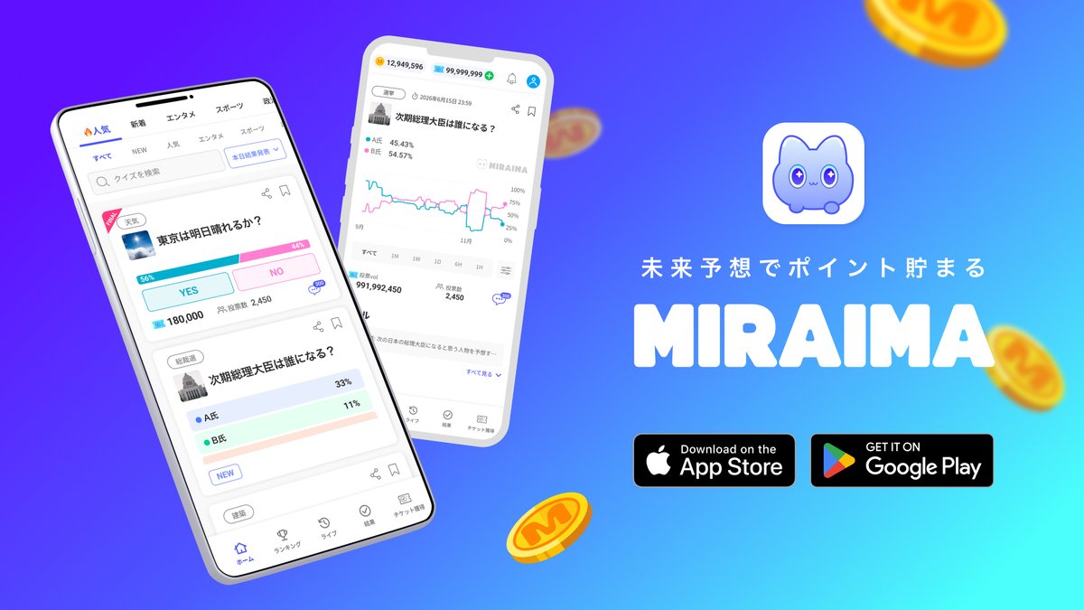 miraima_app's tweet image. やばいポイ活アプリが、日本初上陸！
未来予想でポイント貯まる「MIRAIMA」
⠀
現在ニュースアプリランキング 33位！👀
⠀
感謝の気持ちを込めて、 抽選で1名様に1万円相当のチケットをプレゼント💫
⠀
応募方法
1️⃣@miraima_app  をフォロー
2️⃣この投稿をリポスト⠀
〆切は11/30(日)まで✨…