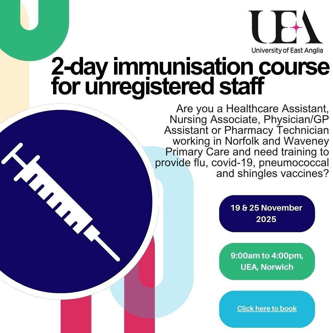 NWPCWorkforce's tweet image. Do you work in #NorfolkandWaveney #GeneralPractice? We have a 2-day fully funded #Immunisation &amp;amp; #VaccinationTraining course available delivered by @uniofeastanglia. Dates available from 19/11/2025 to 10/06/2026. Visit ConnectNOW for more information: nwconnectnow.nhs.uk/event/immunisa…