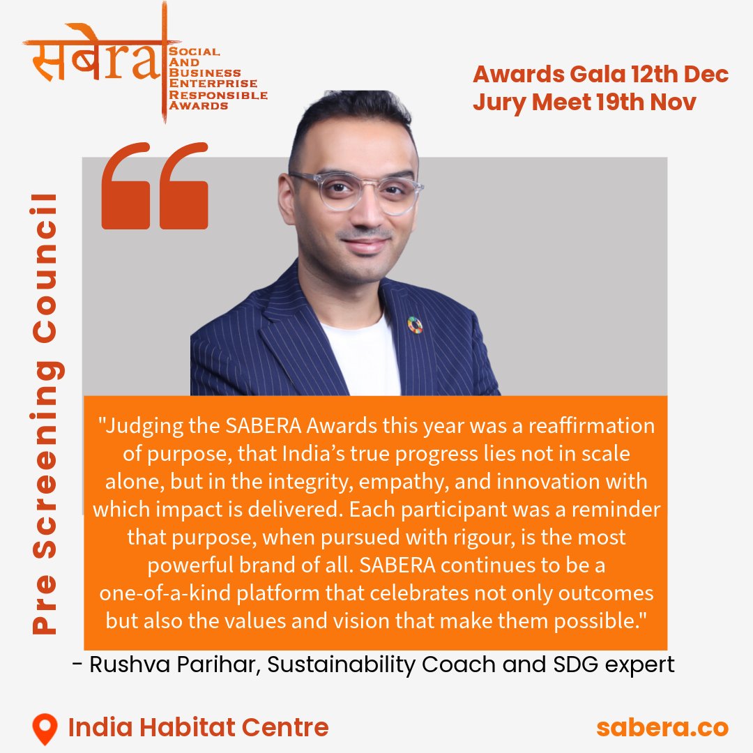 SABERA_awards's tweet photo. Proud to welcome @rushva Parihar, Sustainability Coach &amp; SDG expert, to the सबेरा SABERA™ 2025 Pre-Screening Council.
With global experience across the UN, WEF, EU &amp; Govt. of India, and impact spanning 800K+ lives, Rushva brings unmatched depth to this year’s evaluation.
#SABERA https://t.co/ICdAOSdIdI