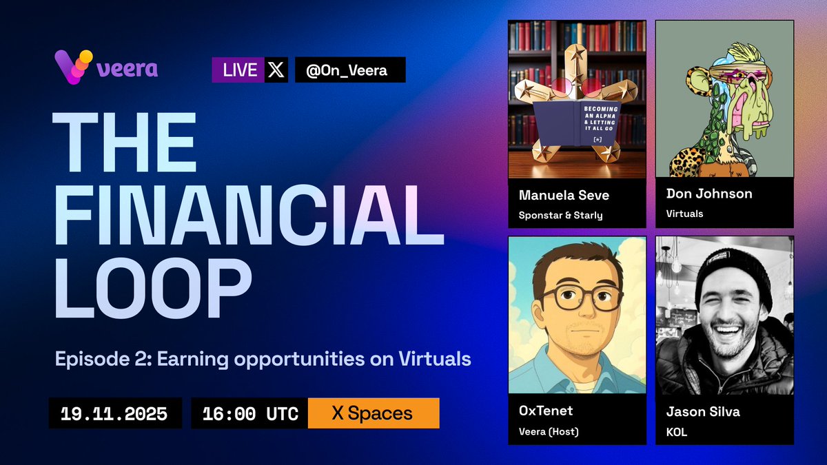 On_Veera's tweet image. Episode 2 of The Financial Loop goes live tomorrow.

We’re exploring earning opportunities on Virtuals Protocol ~ and how new digital asset formats unlock creator, player, and investor value inside emerging economies.

Featuring: 
• Manuela Seve, @sponstar_io &amp;amp; @Starlythestar…