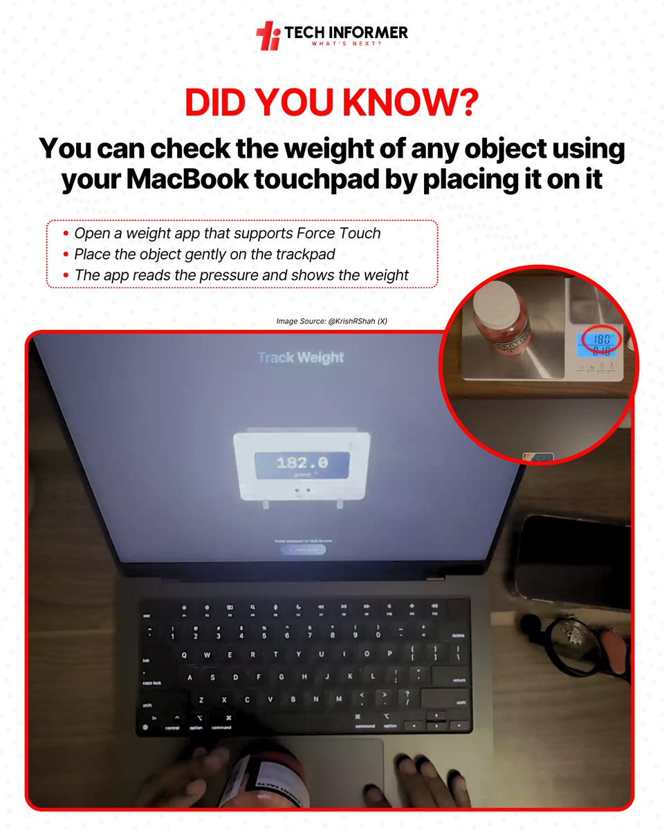 Tech_Informer_'s tweet image. A MacBook trick most people don’t know: you can measure an object’s weight using the trackpad.

#TechInformer
#MacBook